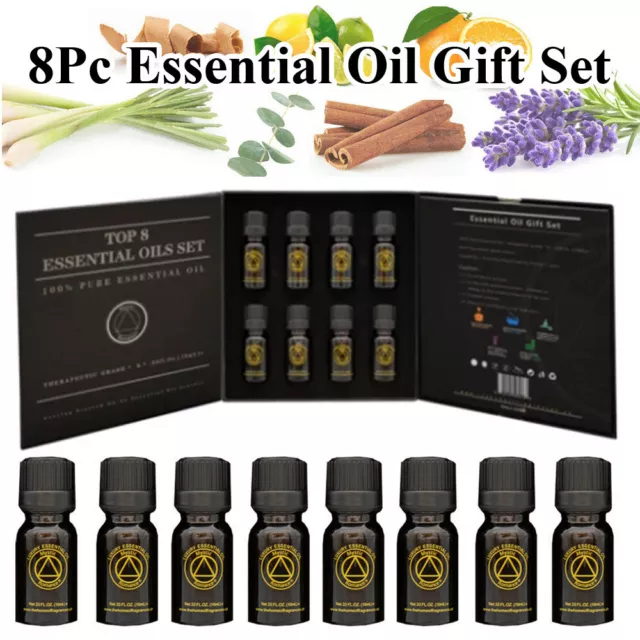 8 Pc Essential Oil Set Eucalyptus Scent Lavender Rosemary Tea Tree 0.33oz Aroma