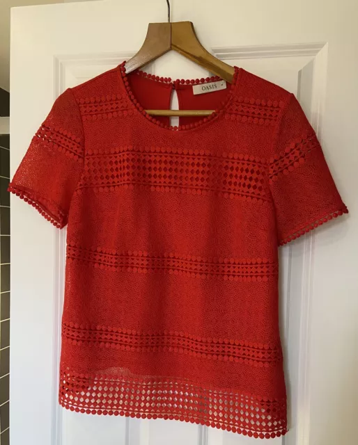 Pretty Red  Ladies Short Sleeve Top By Oasis Lace Detail Size M Size 12-14 UK