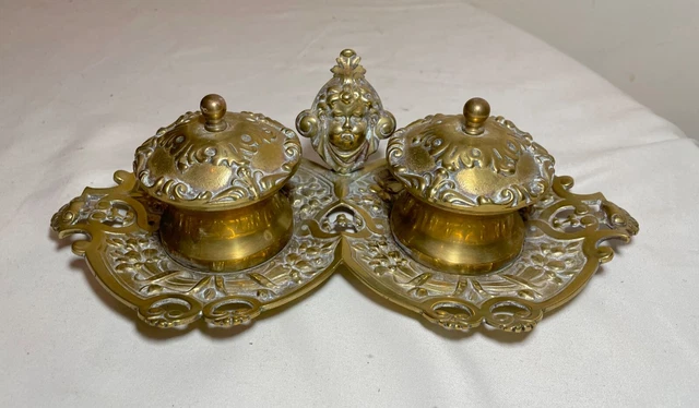 antique ornate 1800's Victorian cherub gilt bronze brass desk inkwell stand tray