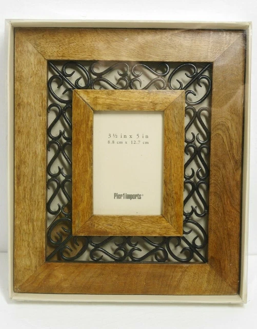 Pier 1 Imports Hardwood Scrollwork Metal Desktop Picture Frame 3.5x5 Inch NOB