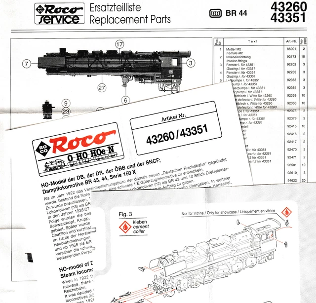 ROCO H0 LOKOMOTIVEN, Bedienungsanleitung Ersatzteilliste, BR 43/44
