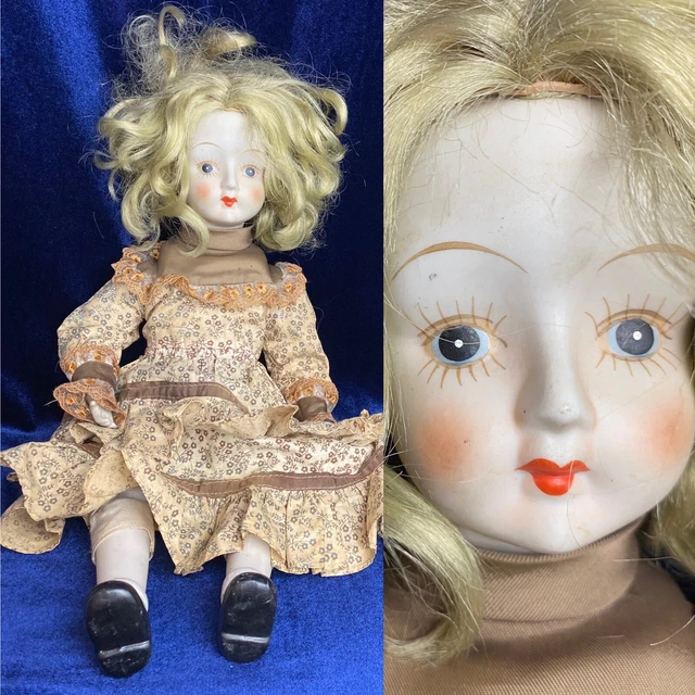 Antique doll porcelain head movable limbs cloth fabric body in dress - Walda ?
