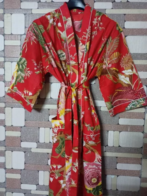 Indian Cotton Handmade Kimono Red Color Long Nightwear Women Floral Maxi