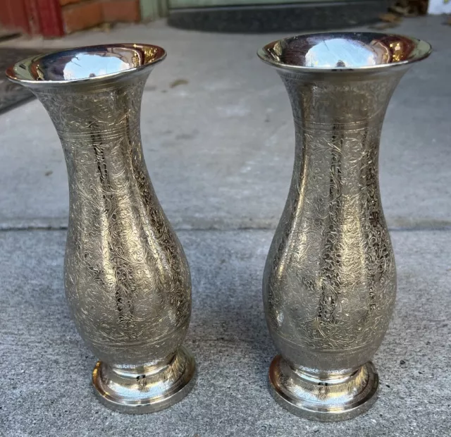 Antique Middle Eastern Hand Chased Engraved Vase Pair Floral  Silver Plate 8”