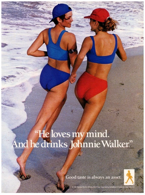 Johnnie Walker Sexy Bikini Women Running on Beach VTG Print Ad 8x11" 1988