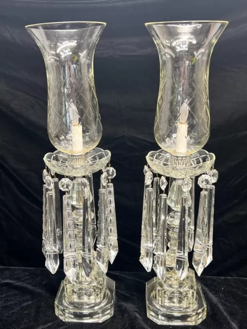 Antique Monumental Pair 26" Cut Crystal Candelabra Girandoles Hurricane Globes