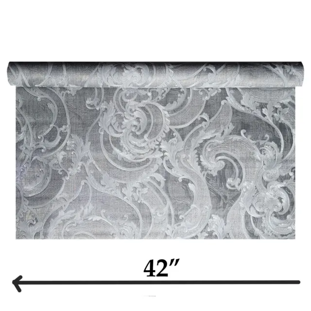 Victorian Wavy Damask gray silver gold metallic textured faux fabric Wallpaper 3