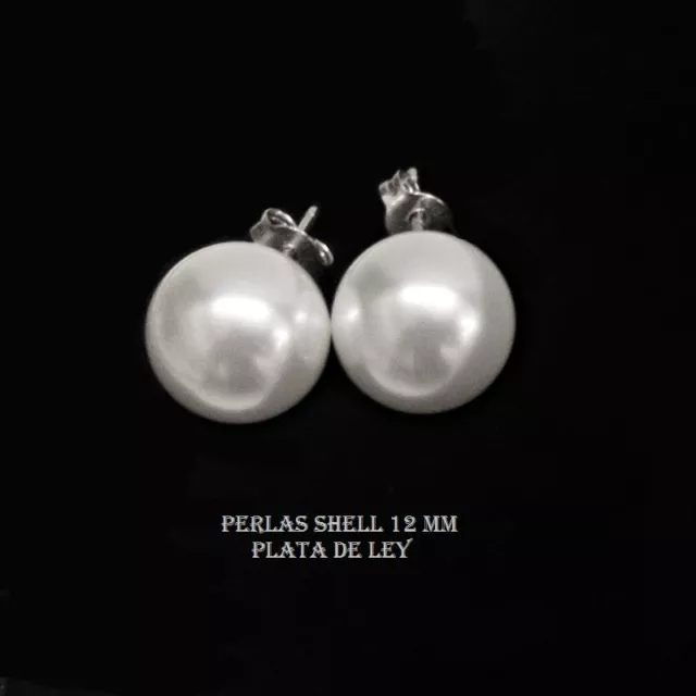 PENDIENTES de PERLAS SHELL 12 mm. PLATA de LEY + estuche y Envío certificado