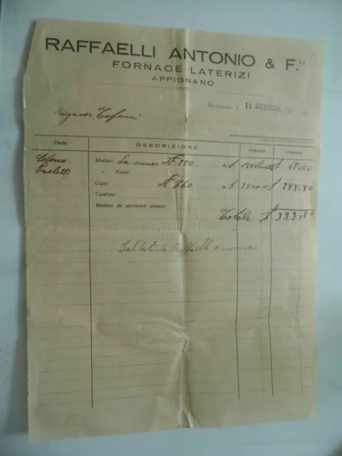 Fattura "RAFFAELLI ANTONIO & F. FORNACE LATERIZI APPIGNANO" Dicembre 1932