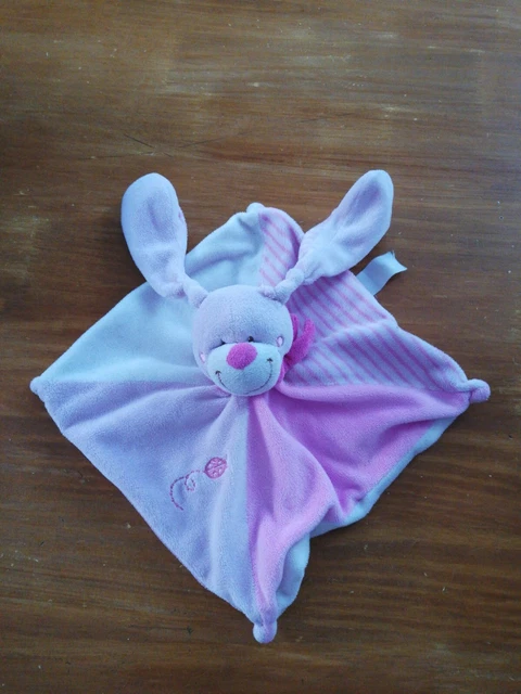 Doudou Nicotoy Simba Lapin Plat Rose Raye Blanc Echarpe Coccinelle
