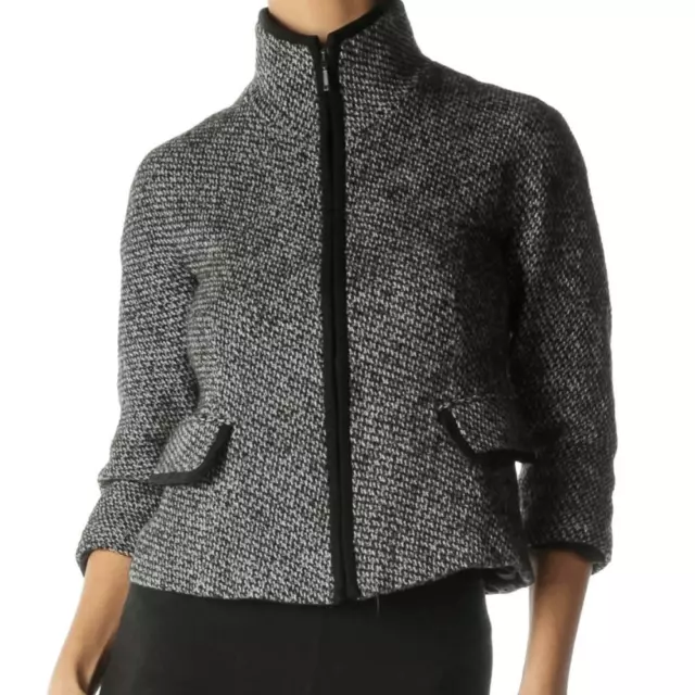 Lafayette 148 New York Tweed  Sleeve Zip Up Blazer Jacket Gray Black Size 2