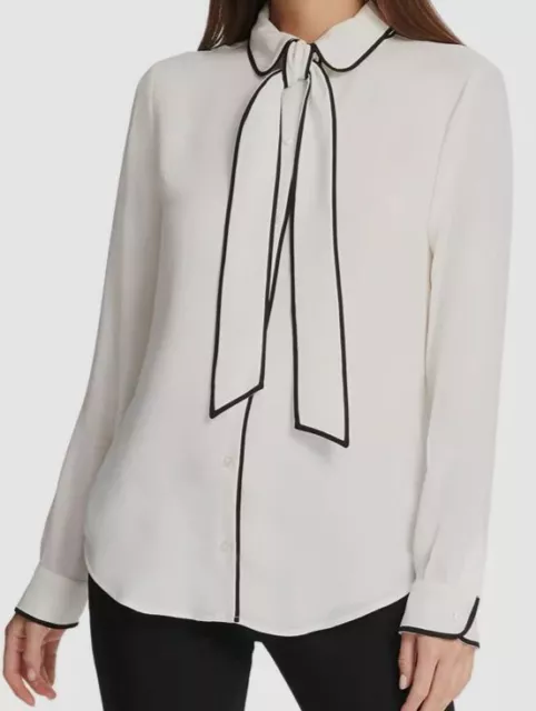 $69 DKNY Womens White Long Sleeve Piped Trim Tie-Front Blouse Top Size S