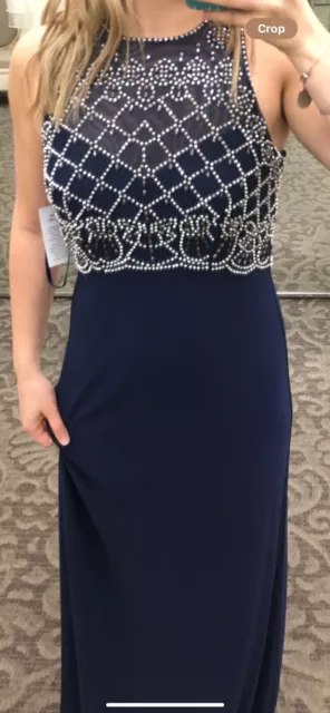 Jackie Jon New York Prom Bridesmade Dress Navy Blue Beaded Sleeveless Sz 8