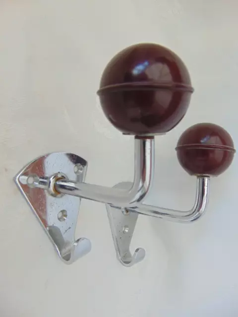 Pair Mid Century Art Deco Swedish Chrome & Brown Bakelite Ball Coat Hooks