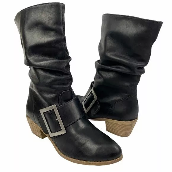 CHINESE LAUNDRY Two Step Black Silver Buckle Pull-On Leather Boots Women's 7 NEW