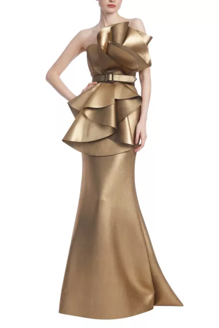 Badgley Mischka Metallic Sculptured Ruffle Mermaid Gown Gold $990 OSCAR sz 6