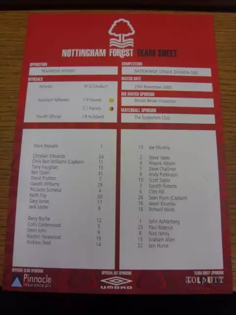 25/11/2000 Colour Teamsheet: Nottingham Forest v Tranmere Rovers (Folded). If th