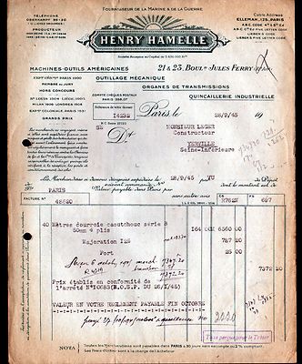 1 facture  fournitures pour usine Valvoline  Ets Henry Hamelle 