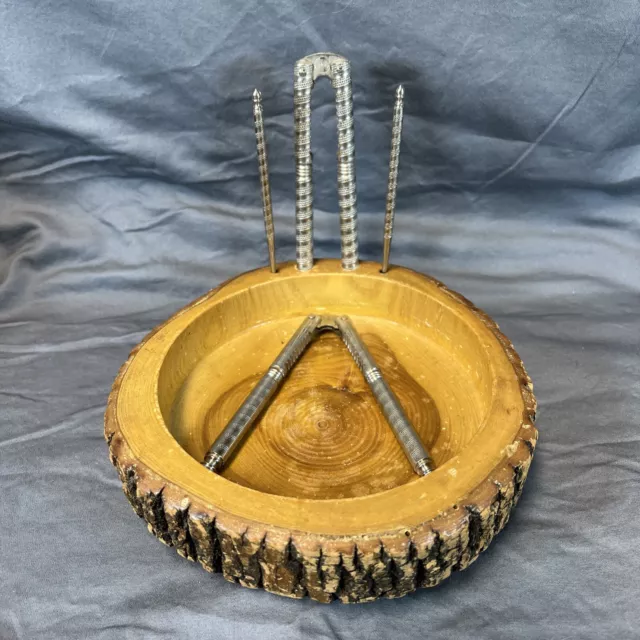 Vintage Wooden Bark Nut Bowl Set w/ 2 HMQ Nutcrackers & 2 Picks About 7 1/2”