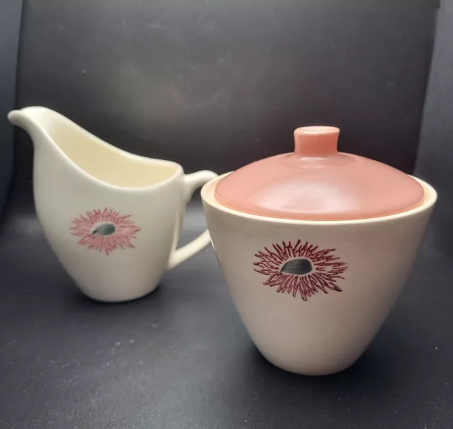 Vintage MCM Stetson Ceramic Creamer Sugar Pink White 1950's USA Pottery