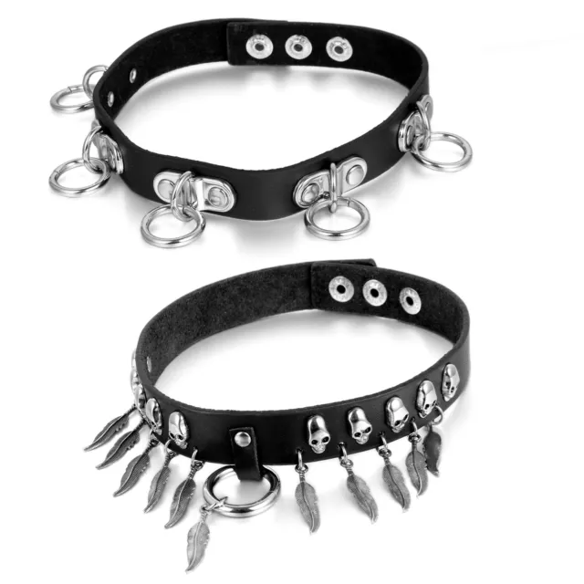 Men Women Skull Feather Spike Rivet PU Leather Choker Necklace O-Ring Collar