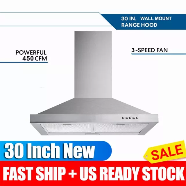 30inch Wall Mount Range Hood Stainless Steel Kitchen Vent 450CFM Ducted/Ductless