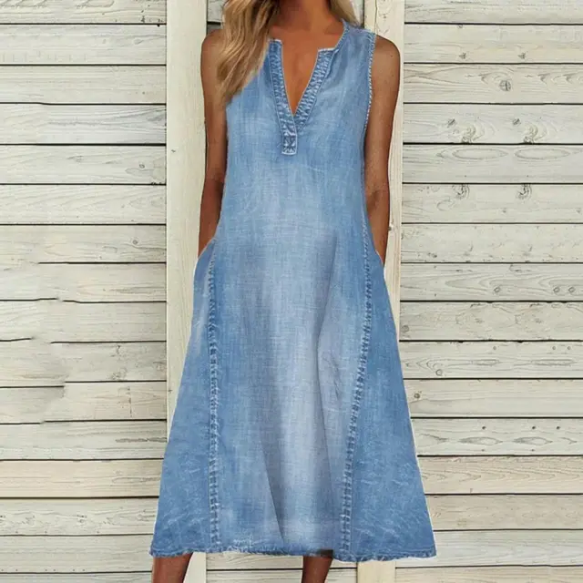 Womens Blue Denim Summer Casual Solid Color V Neck Sleeveless Loose Jean Dress