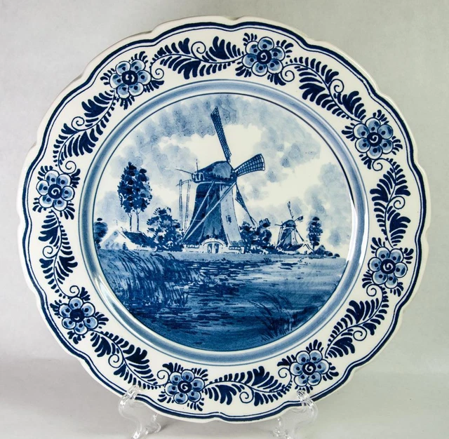 Delft Blue & White Dutch Windmill 11" Plate Scalloped Edge 415