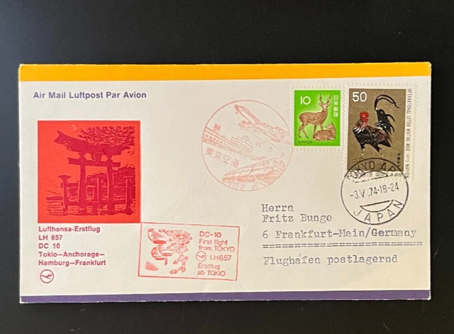 Japan Luftpostbrief nach Deutschland Erstflug Lufthansa LH 657 Tokio-Anchorage-H