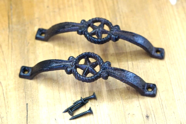 2 Cast Iron RUSTIC Drawer Pulls Handle Texas Star Fancy Western Cowboy Cabinet