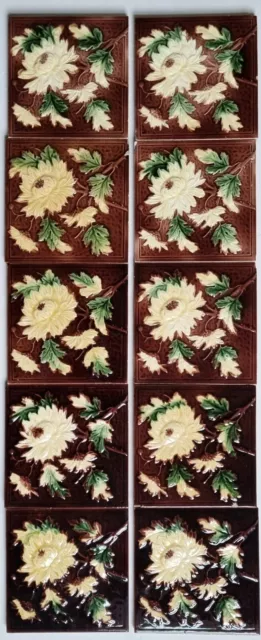 10 Reclaimed Antique Majolica Fireplace Tile Set Lee & Bolton circa 1900s
