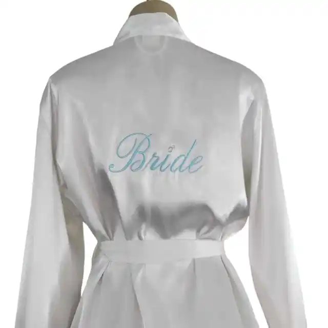 APT. 9 Intimates Womens XL White Satin Blue "Bride" Embroidered Belted Robe