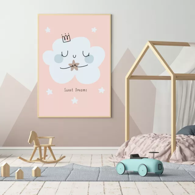 Sweet Dreams Pink Cloud Print Nursery Wall Art for Girls Childrens Playroom 276