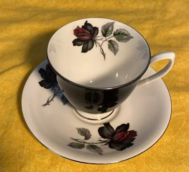 Royal Albert Bone China Black Rose Masquerade Tea Cup & Saucer England Platinum