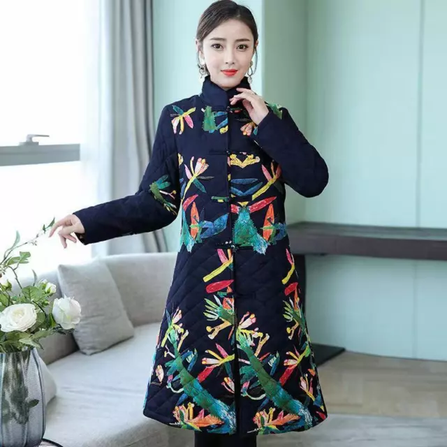 Lady Quilted Jacket Ethnic Retro Print Midi Puffer Coat Padded Outwear Warm Fit