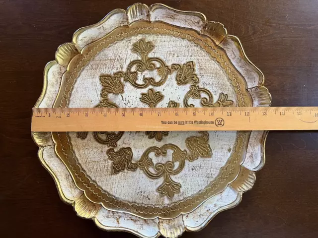 Florentine Vintage Gold Cream Hand Painted Wood Tray Stunning Round Scallop