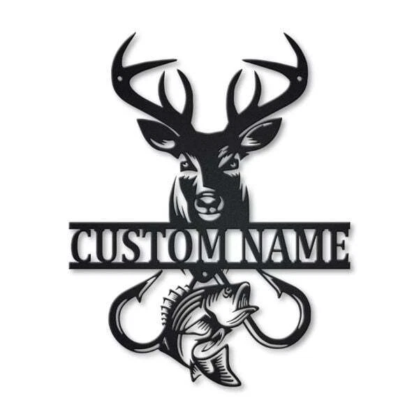 Deer Fish Hook Personalized Monogram Metal Wall Art With Led Lights Home Decor