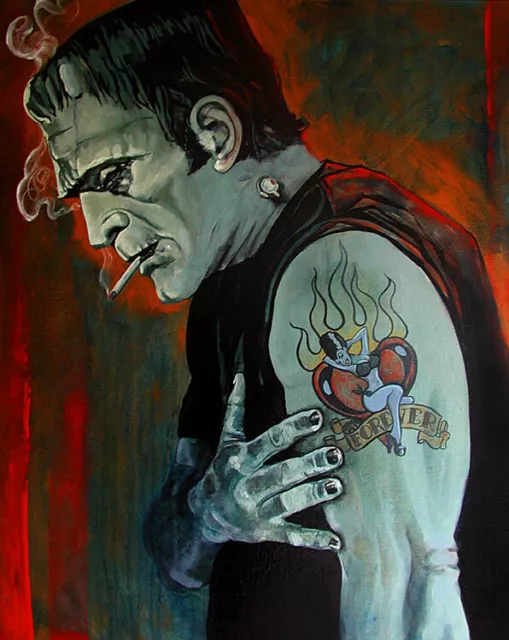 Broken Hearted Lowbrow Art Canvas Giclee Print Mike Bell Tattoo Frankenstein NWT