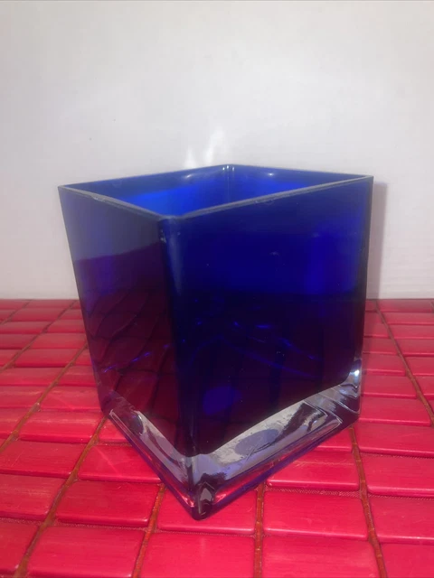Vintage Heavy Teleflora Colbalt Blue Crystal  Vase 4.75”H By 4”W Square-1 Chip