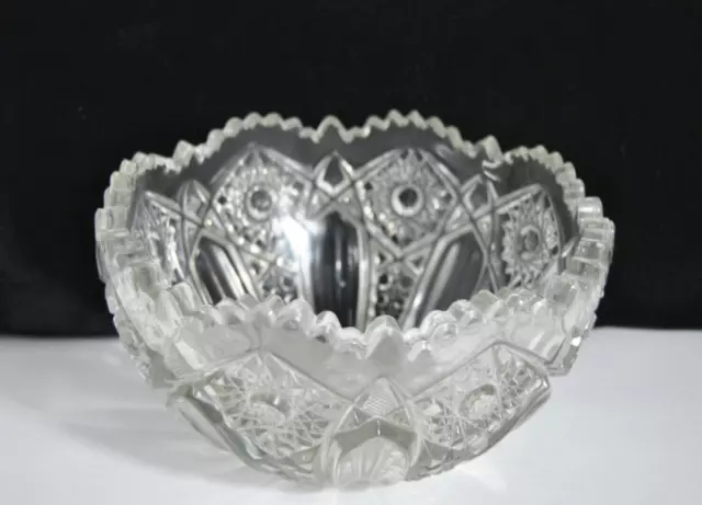 Vintage Clear Pressed Heavy Cut Glass Serving Dish Bowl Saw Tooth Edges 8"