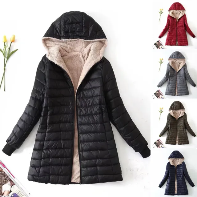 Women's Hooded Quilted Jacket Zip Up Padded Winter Warm Long Coat Puffer Outwear