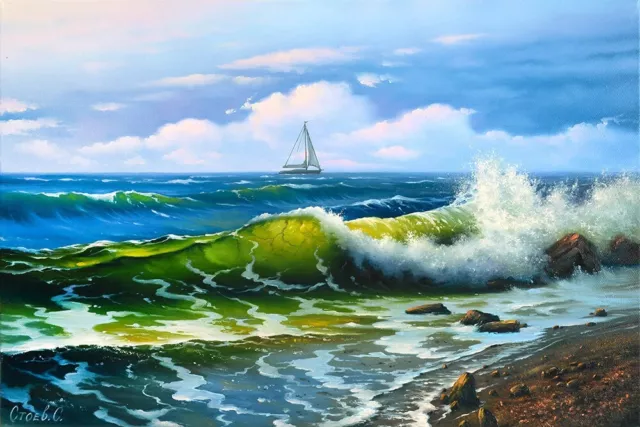 Oil painting Stormy Seascape Ocean Art waves Sea Summer Beach painting Yacht