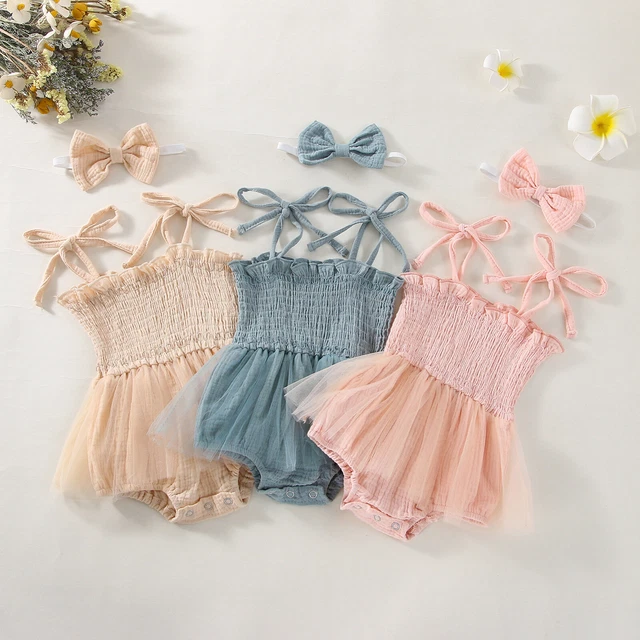 Abito neonata bambina senza maniche con romper nodo di fiocco imbracatura arricciacapelli + fascia