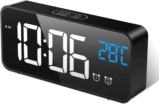Sveglia Digitale Specchio LED 7'' - Display Grande, Luminosità Regolabile, Temperatura, Data, Snooze, USB