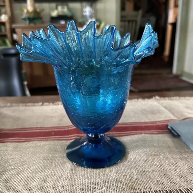 VTG Hand Blown Cobalt Blue  Art Crackle Glass Ruffled Edge Bowl or Vase