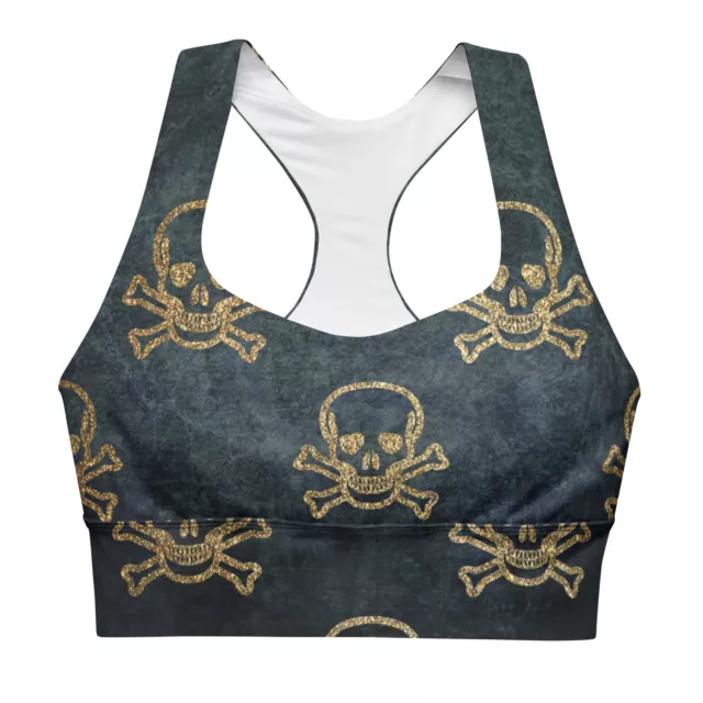Pirate Skull and Cross Bones Black Gold Longline sports bra XS-3XL