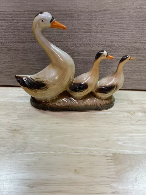 Vintage Porcelain Glaze Mcm Lusterware Goose and Babies Figurine Brazil