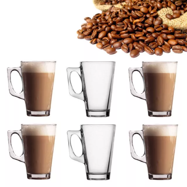 6 Latte Glasses Mugs 240ml + 6 Free Long Handle S/Steel Spoons Latte Coffee Tea