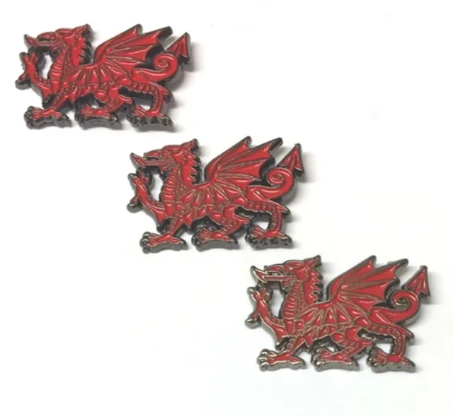 3 x WELSH RED DRAGON WALES metal lapel Pin Badges - Free Postage