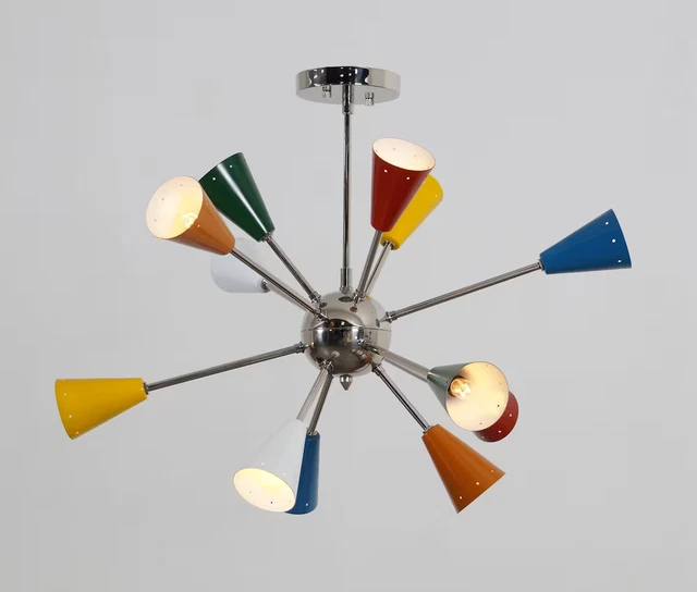 Lustre Spoutnik Mid-Century en laiton brut - Plafonnier à 6 lumières - France
